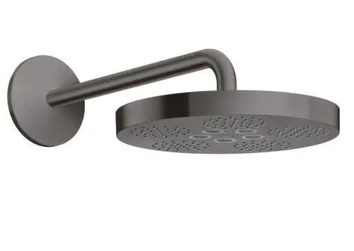 Kopfbrause in Brushed Black Chrome von AXOR mit rundem, flachem Design und mehreren Wasserstrahlöffnungen, montiert an einem stabilen Brausearm.